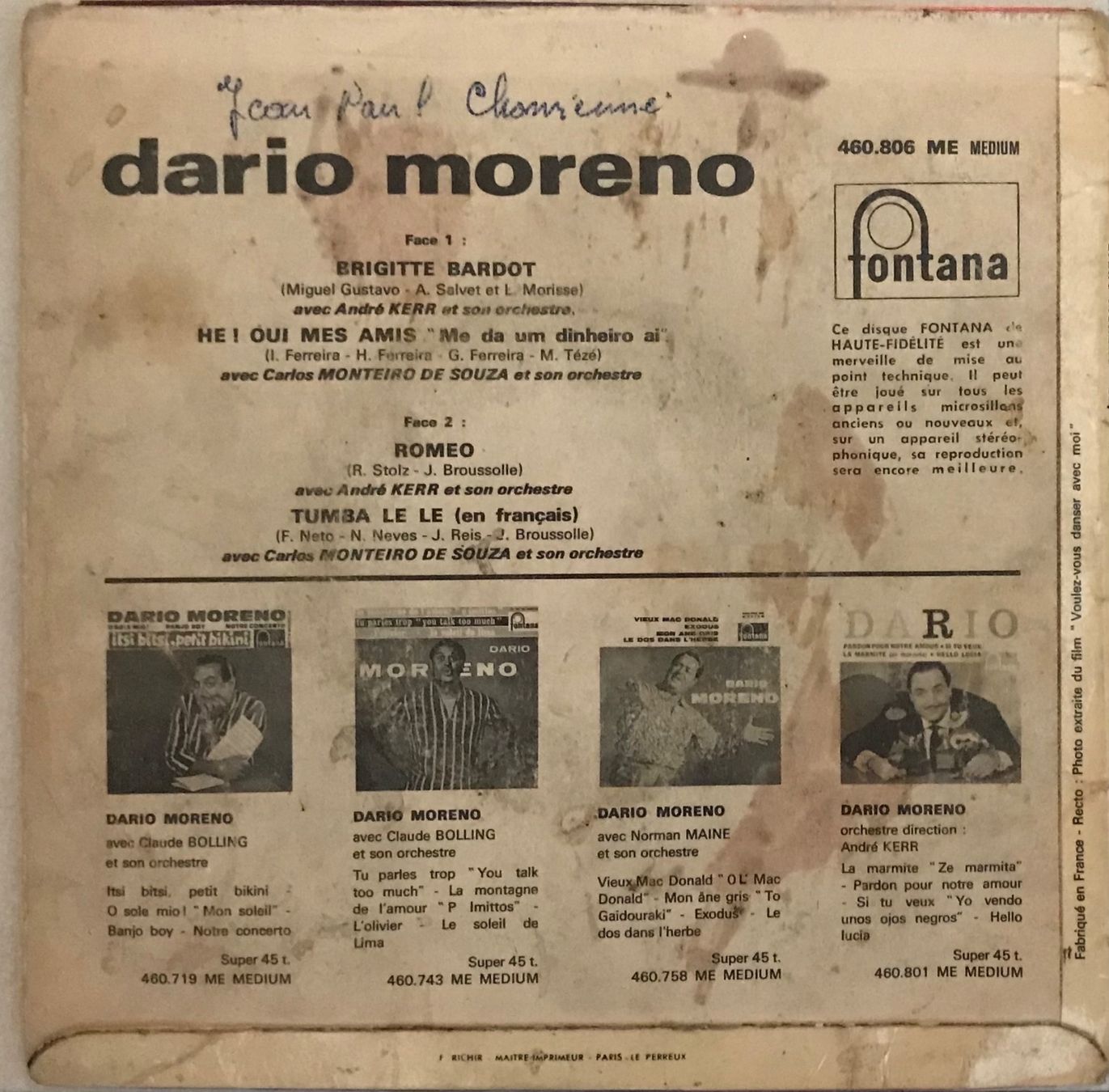 Vinyles: DARIO MORENO - ROMEO / BRIGITTE BARDOT – D'occasion à Bussigny par vinyl-pas-cher 1