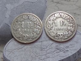 2 x 1 Fr. 1861 B - Helvetia assise