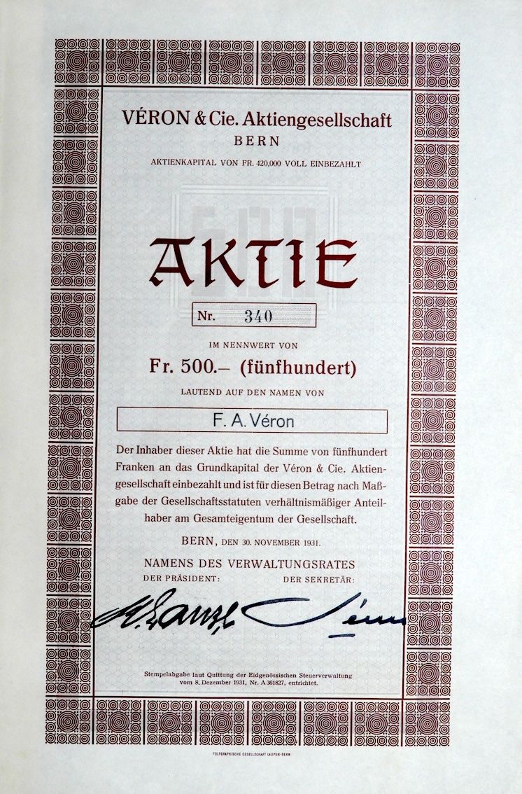 Documenti: Véron & Cie. AG, Bern - 1931 – Usato da Solothurn venduto da Sgasche