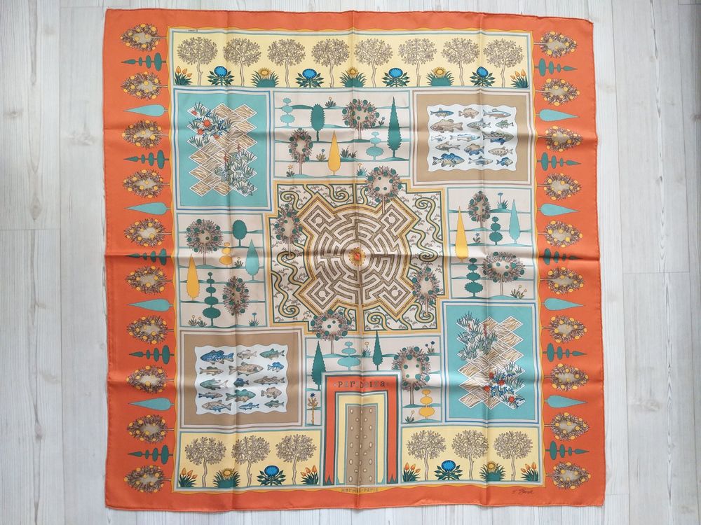 Foulard Carré Hermès Paridaiza En Soie 2004 - Modèle Rare Saumon/orange