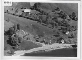 Flugaufnahme Morgartenhütte Rest. Buechwäldli Foto 90x120mm