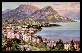 Künstler-AK Lugano, Panorama & Monte Bré e Boglia