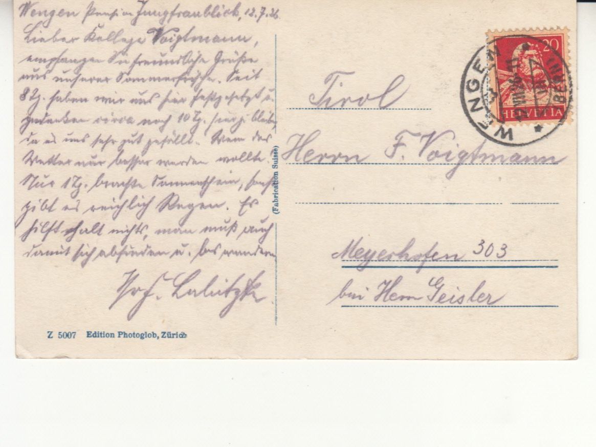 Cartoline postali: Wengen 1926 – Usato da Bürglen TG venduto da StampGraf 1