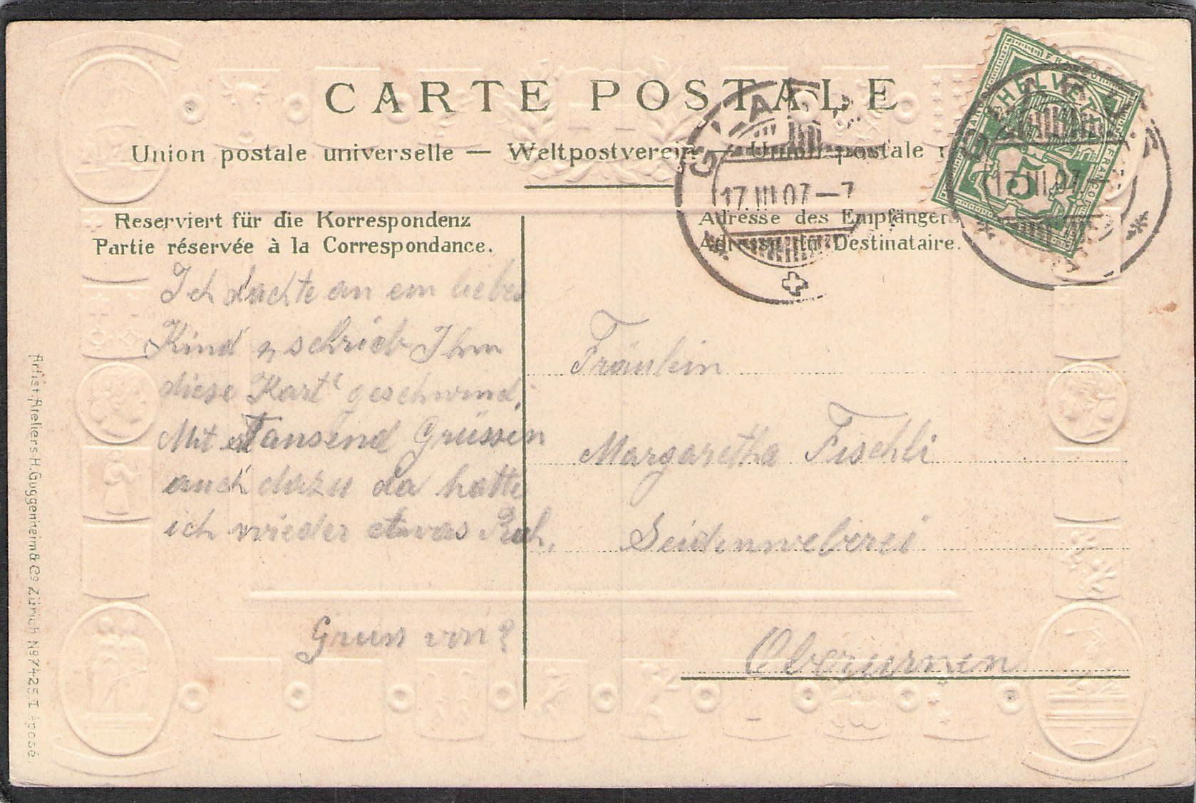 Cartoline postali: ^Glarus , Wappenkarte , 1907 – Usato da Reichenburg venduto da Pipo-67 1