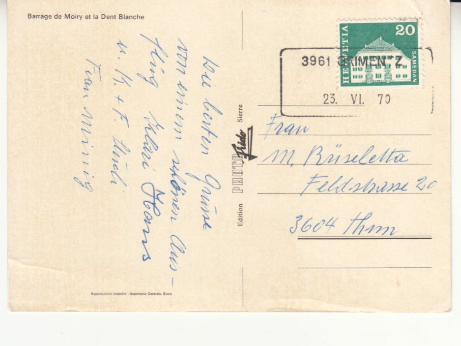 Tutti i francobolli: Aushilfsstempel Grimentz 1970 auf AK Moiry – Usato da Bürglen TG venduto da StampGraf
