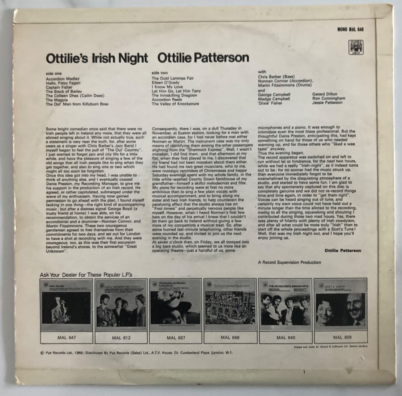 Dischi in vinile: OTTILIE PATTERSON - OTTILIE'S IRISH NIGHT – Usato da Poliez-Pittet venduto da Newtown-Records 1