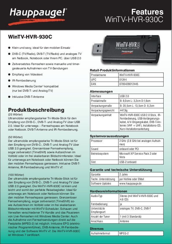 Chiavette USB: Hauptauge WinTV HVR 930C – Usato da Hubersdorf venduto da Gewonnen 7