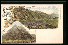 Litho Glarus, Ortsansicht mit Bergen