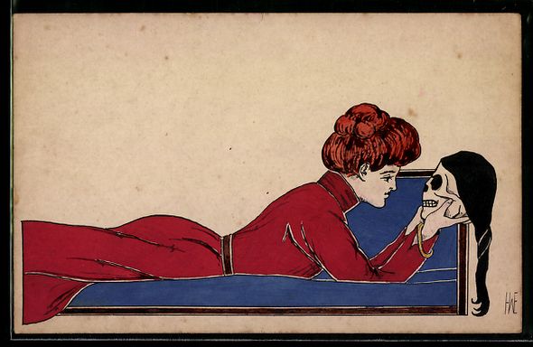 Cartoline postali: Handgemalt sign. H. W. E.: Dame im roten – Usato da Berlin venduto da bartko-reher