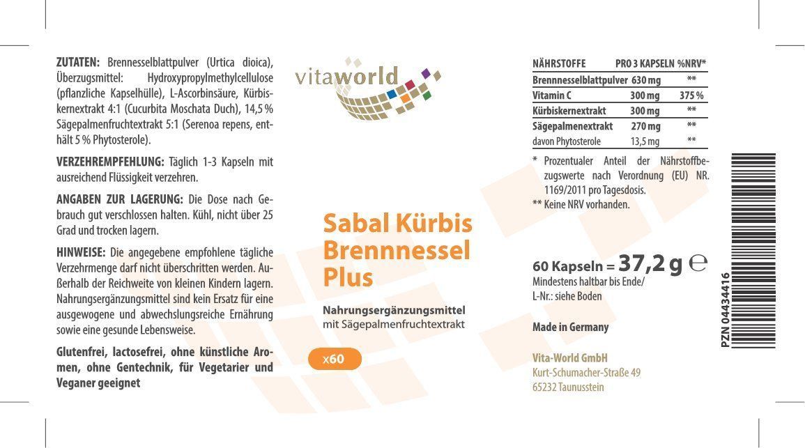 Nahrung, Vitamine & Mineralien: Sabal Kürbis Brennessel Plus 60 Kapseln – Neu und originalverpackt aus Tiefenbach von nhp-bedarf 1