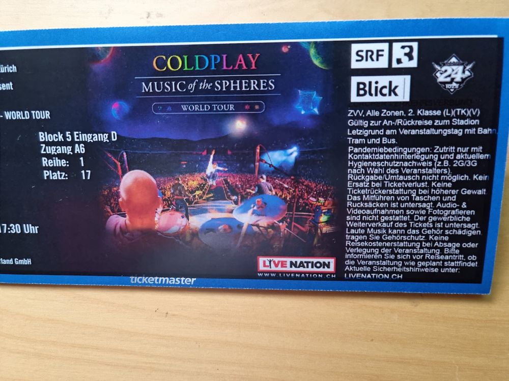 Coldplay Ticket Zürich 1.Juli 2023 Sitzplatz Kaufen auf Ricardo