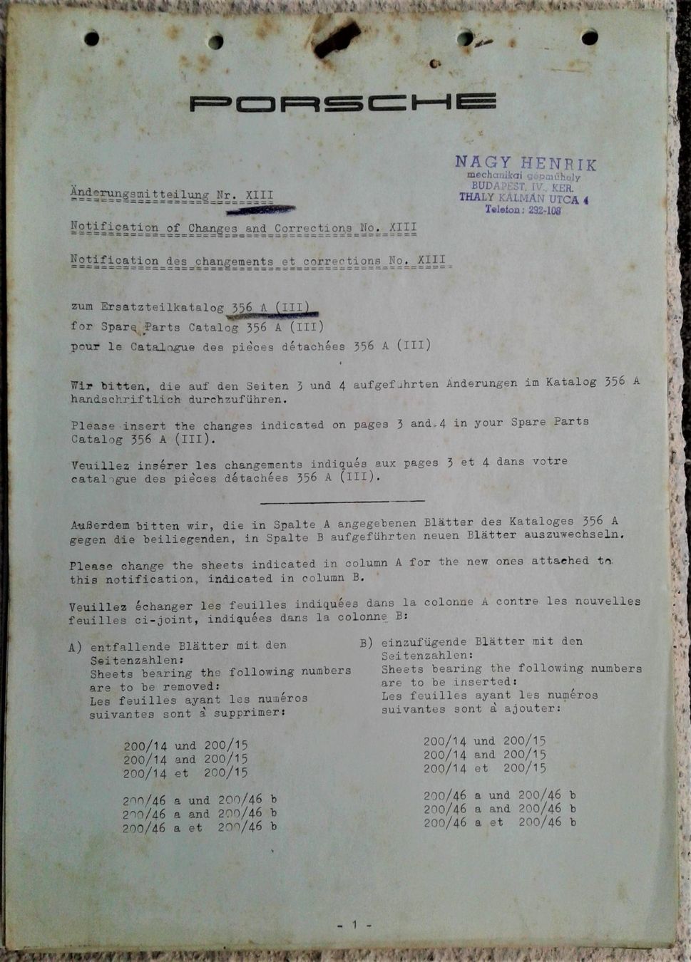 Porsche Documenti: Porsche 356 A - Änderungsmitteilungen / Notifications cat. – Usato da Lausanne venduto da LasloH 3