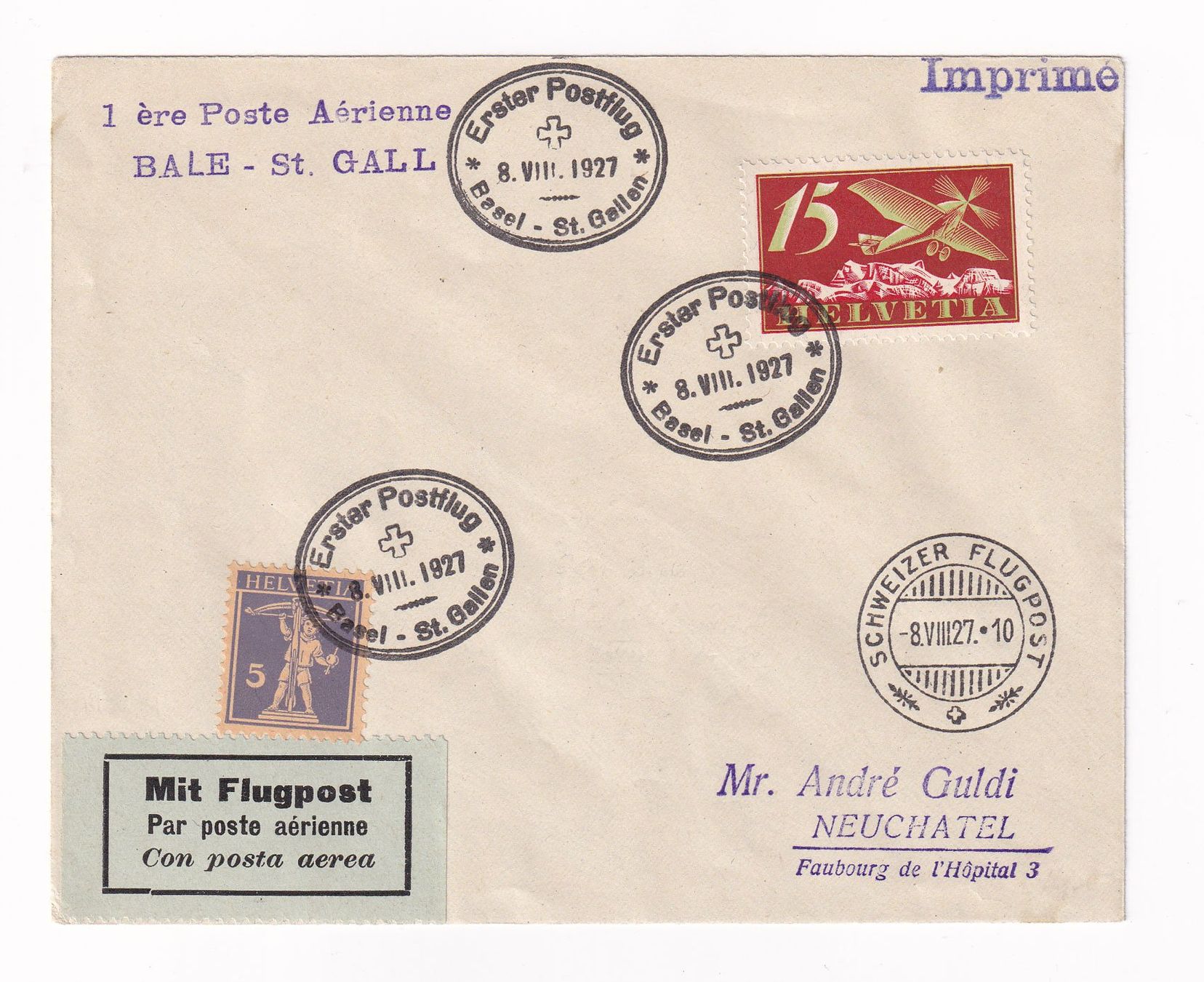 Tutti i francobolli: 1927 Brief Erster Postflug BASEL - ST.GALLEN – Usato da Rebstein venduto da mprch