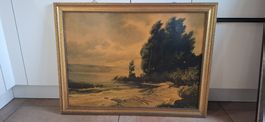 Tableau paysage lacustre avec cadre doré en bois(photocopie)