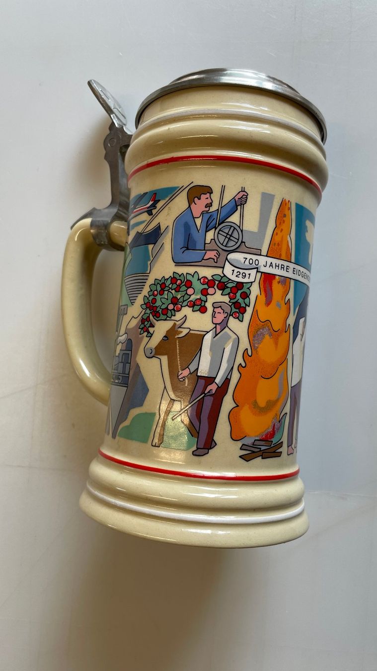 Bicchieri: Bierkrug mit Zinndeckel - 700 Jahre Eidgenossenschaft – Usato da Glattfelden venduto da cybermaxx 2