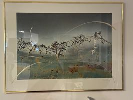 Abstraktes Bild mit Gold & Goldrahmen, Kunstdruck signiert