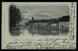 Mondschein-AK Solothurn, Aarepartie mit Häuserzeile und Brüc
