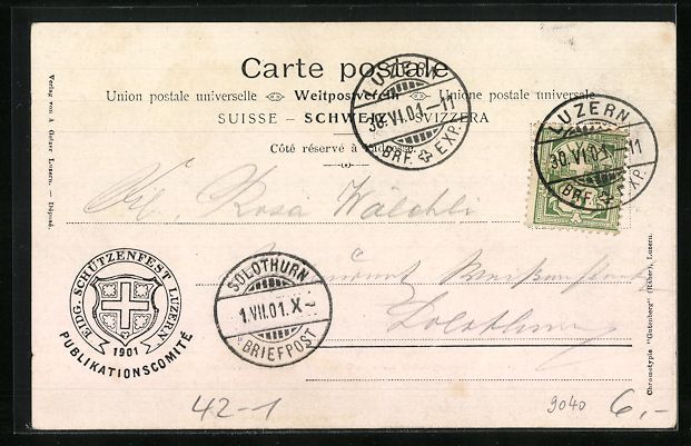 Cartoline postali: Luzern, Eidg. Schützenfest 1901-Grosse  – Usato da Berlin venduto da bartko-reher 1