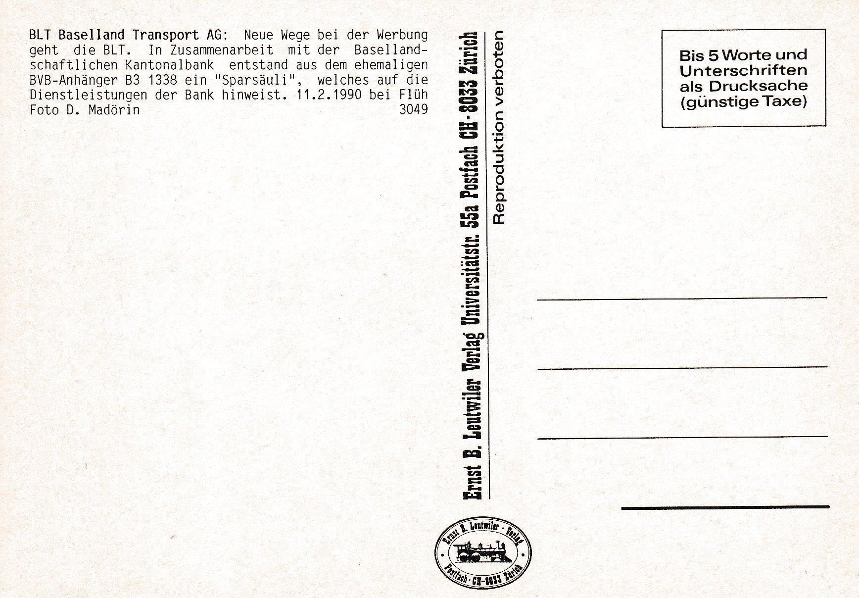 Cartoline postali: Strassenbahn Basel BLT B3 1338 Säuli – Nuovo e nell'imballaggio originale da Ettingen venduto da Pantograph163 1