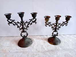 Antikes Kerzenständer-Set für 3 Kerzen Messing mit Patina