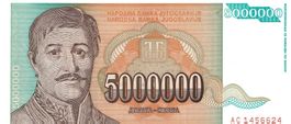 Yugoslavia 5 Mil. Dinara 1993 P-132 A-UNZ