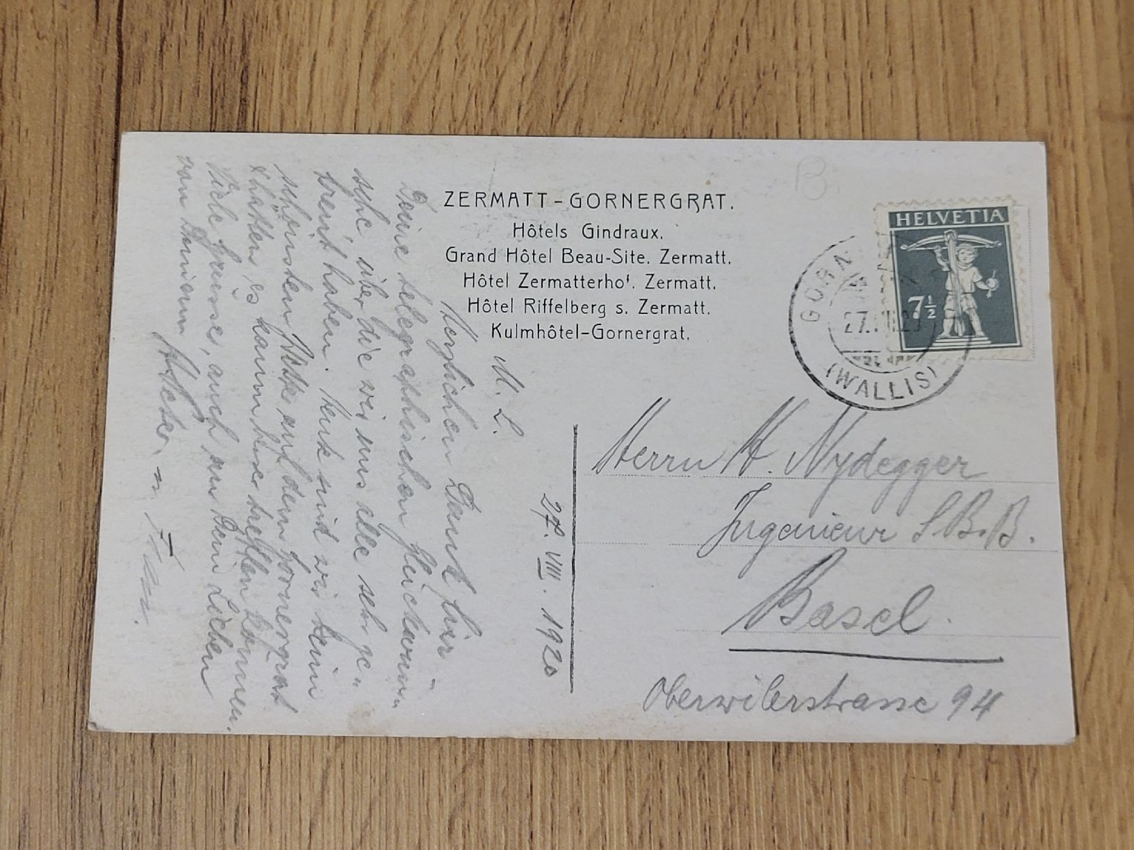 Cartoline postali: Alte Ansichtskarte Zermatt Le Cervin Riffelsee 1920 – Usato da Allschwil venduto da Uhrenbinz 1