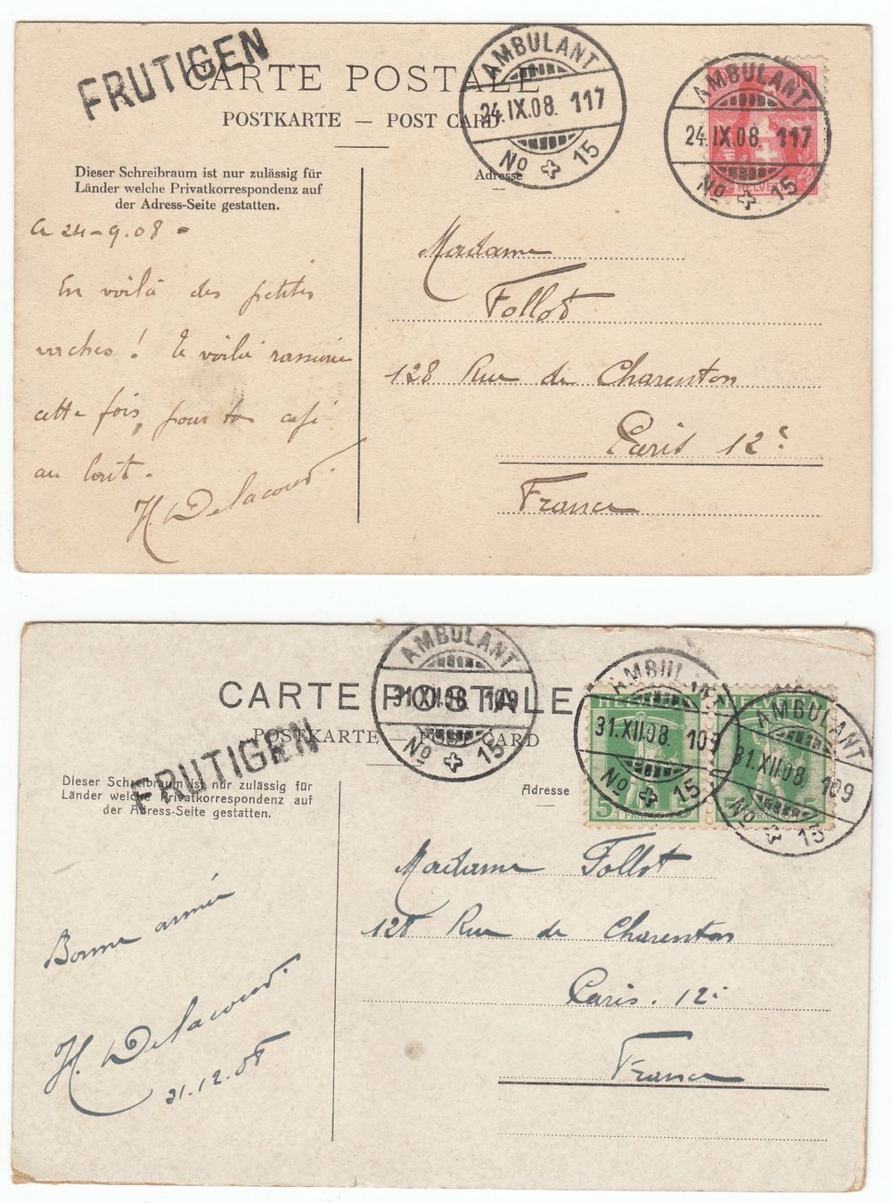 Cartoline postali: Frutigen / Kandersteg - zwei Ansichtskarten aus 1908 – Usato da Beringen venduto da Goeppeli 1