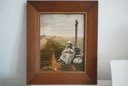 Ölgemälde Bäuerin Kind Wegkreuz 19. Jh. Holz gerahmt