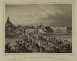BASEL MIT DER RHEINBRÜCKE, STAHLSTICH NACH ROHBOCK 1870