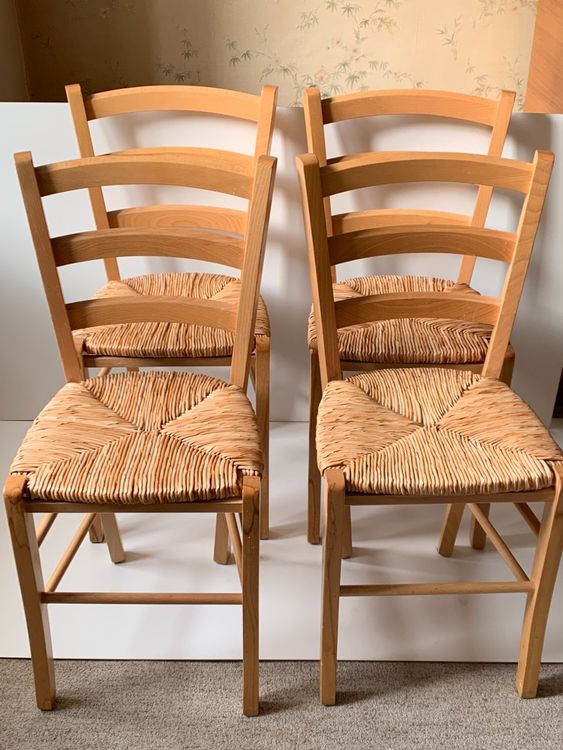 Lot De 4 Chaises En Bois Et Paille - Style Campagne, Bon état - Pour Salle à Manger Ou Cuisine