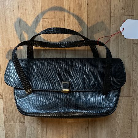 1940s 1950s vintage  black leather handbag with lizard print