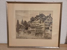Original-Radierung Zürich Schipfe – handsigniert Fr. Meier