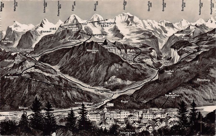 Cartoline postali: Vogelschau-AK Interlaken Eiger Mönch Jungfrau – Usato da Frauenfeld venduto da POML