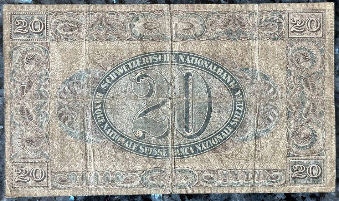 Banknoten: Schweizer Nationalbank Zwanzig Franken Note, 1927 – Gebraucht aus Beringen von Mantafisch1 1