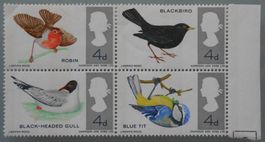 Briefmarken England, 4 d, Vögel, 4-er Block, postfrisch