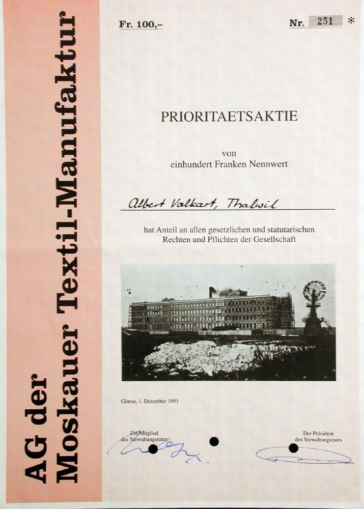 Documenti: AG der Moskauer Textil-Manufaktur, Glarus - 1991 – Usato da Solothurn venduto da Sgasche