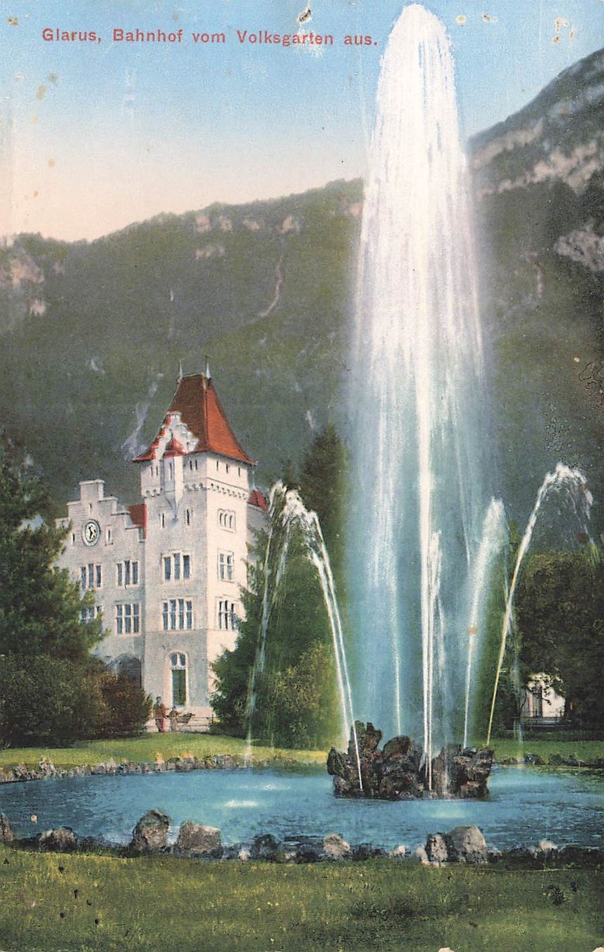 Cartoline postali: Glarus Bahnhof vom Volksgarten – Usato da Biasca venduto da Blenio71