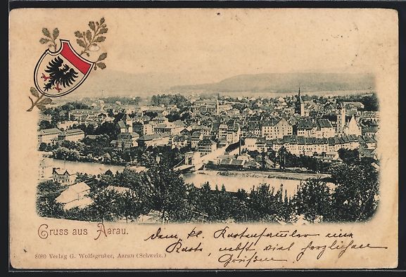 Cartoline postali: Präge-AK Aarau, Teilansicht, Wappen – Usato da Berlin venduto da bartko-reher