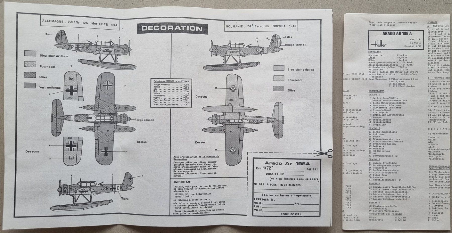 Heller Kit di modellismo & Modellini statici: 1/72 Heller Ar 196A (241) – Usato da Grand-Lancy venduto da LFW 5