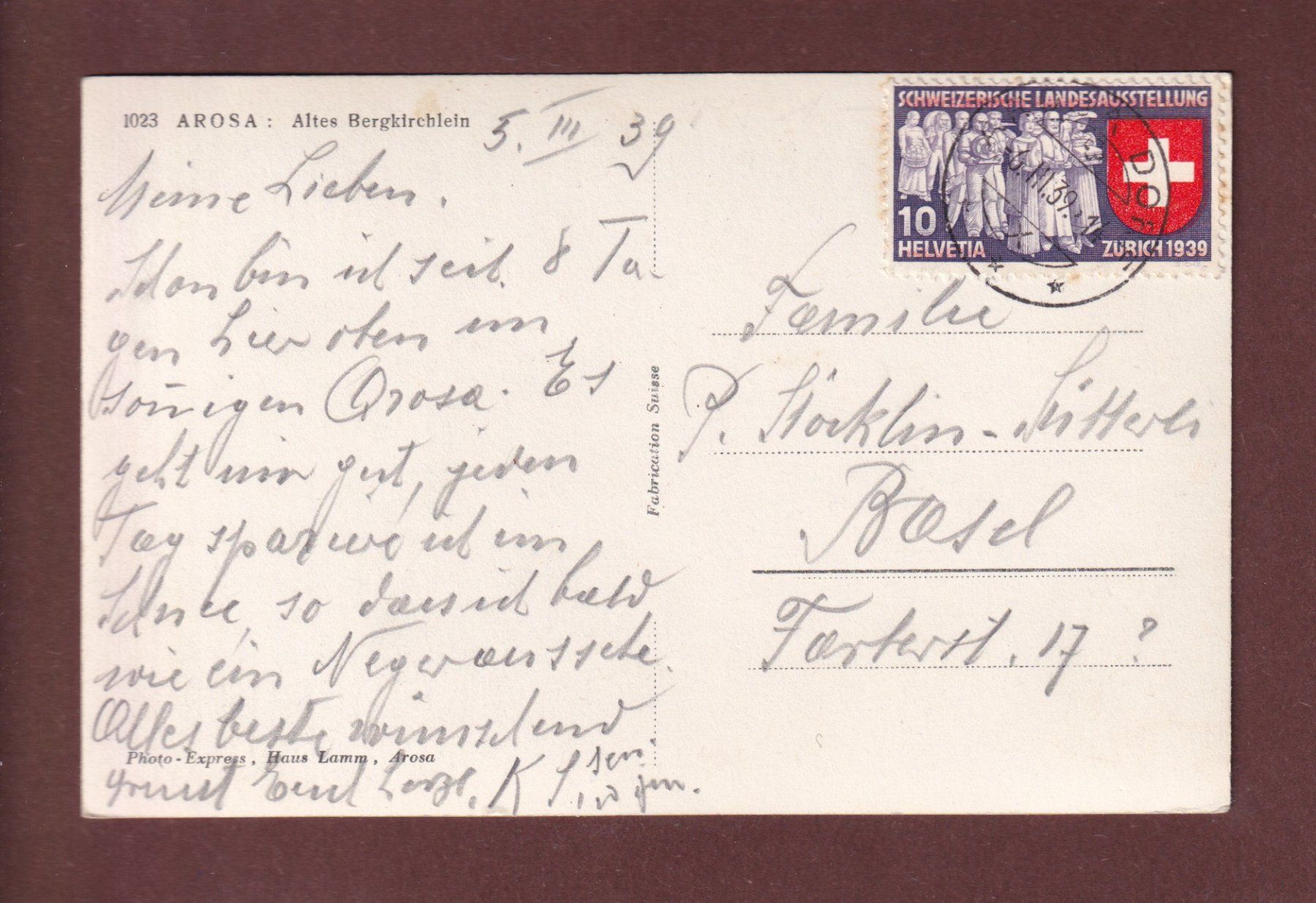 Cartoline postali: AROSA - Altes Bergkirchlein - 1939 – Usato da Pully venduto da nicecards-shop 1