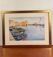 Framed signed Watercolor Painting of Mediterranean Port