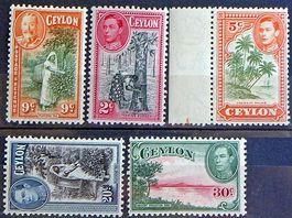 CEYLON: 5 timbres neufs G V *, G VI **, 1936–1944