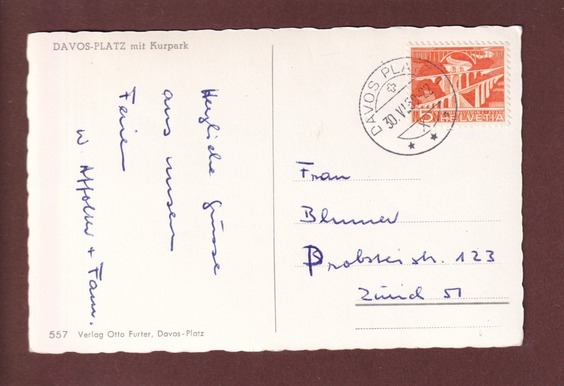 Cartoline postali: DAVOS-PLATZ - Kurpark - 1959 – Usato da Pully venduto da nicecards 1