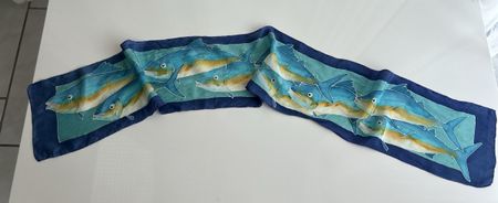 Silk Scarf Fish Print Blue Hand Painted Decorative used