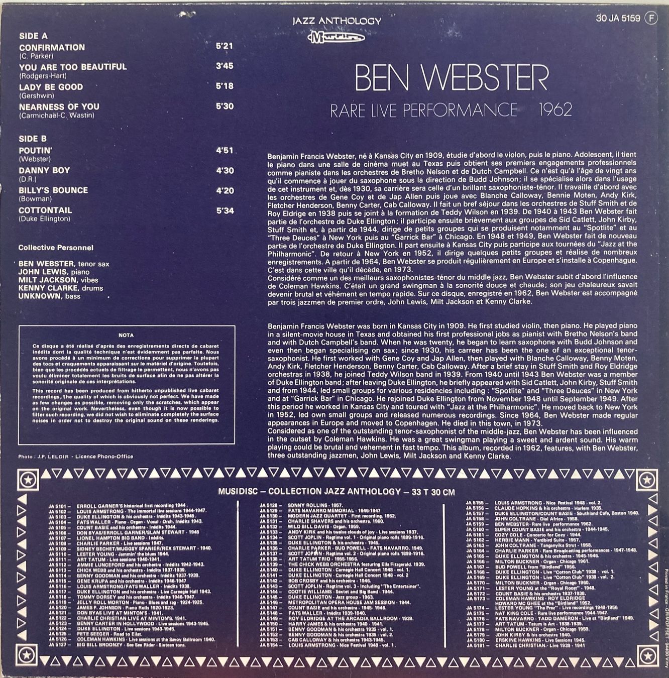 Schallplatten: BEN WEBSTER - RARE LIVE PERFORMANCE 1962 – Gebraucht aus Poliez-Pittet von Newtown-Records 1