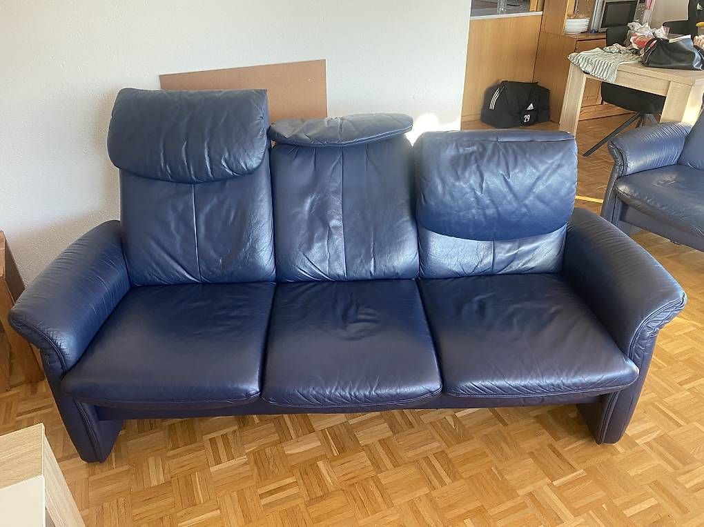 Sofas: Sofa Couch 3erSet EURI Collection Leder Dunkelblau – D'occasion à Gunten par elk_5hw6