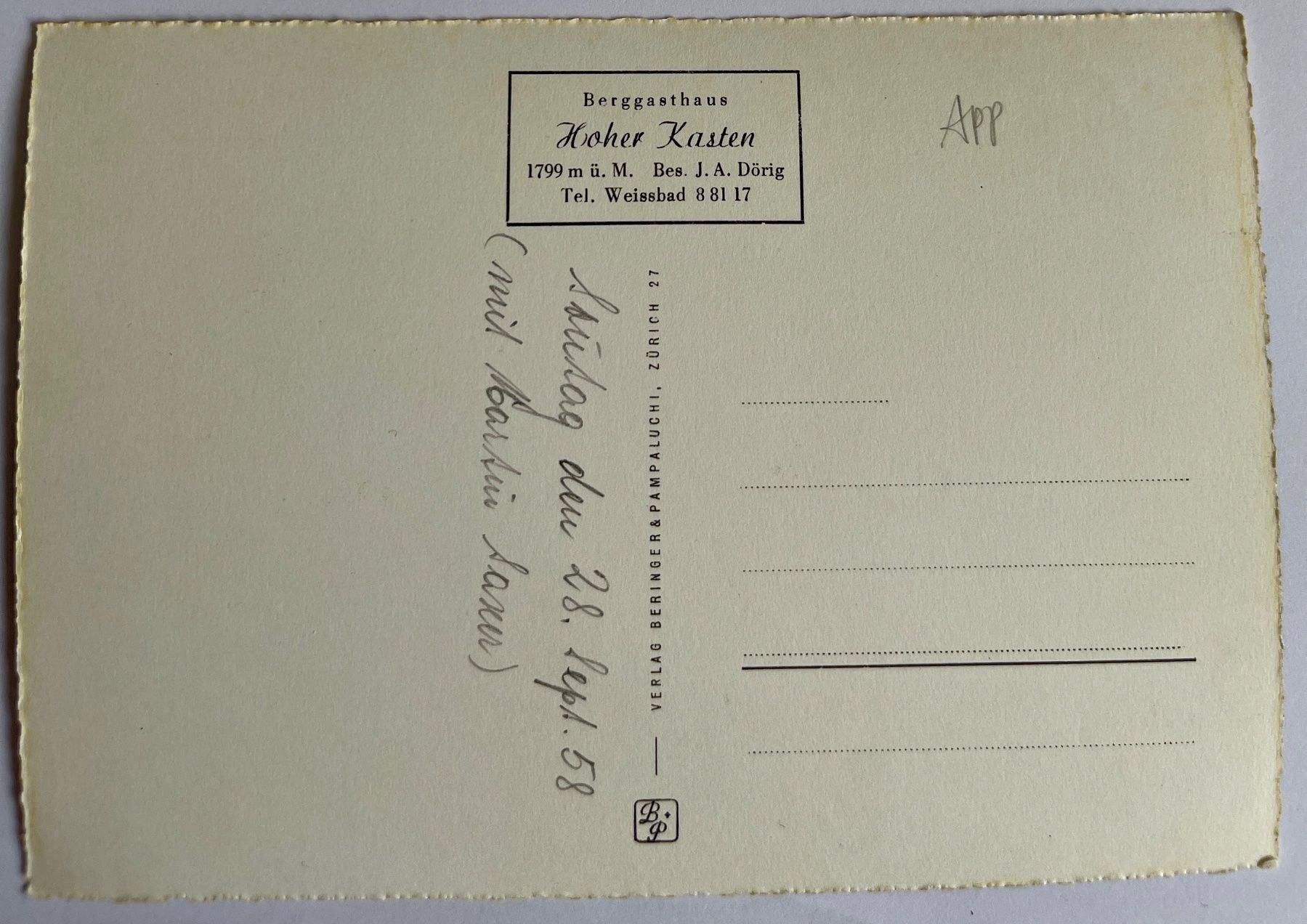 Cartoline postali: HOHER KASTEN - Berggasthaus 1958 – Usato da Lutry venduto da Ediego 1