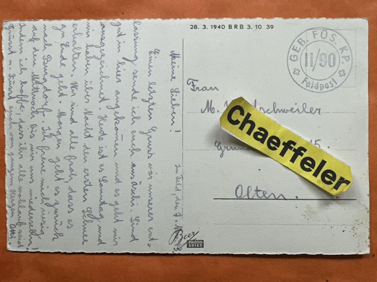 Cartoline postali: Feldpost: 1943  Aeschi mit Alpen & Kirche – Usato da Zürich venduto da Chaeffeler 1