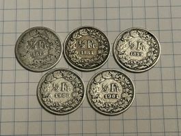 5 Schweizer Münzen 1/2 Franken 1875 bis 1901 