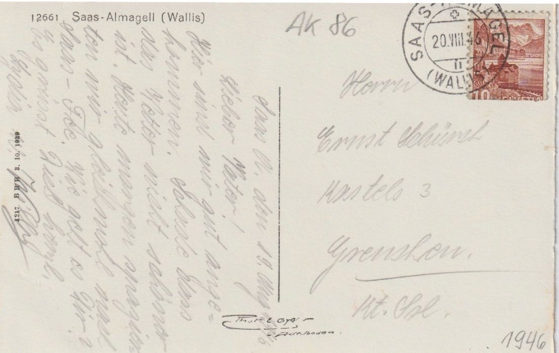 Cartoline postali: AB 86 Saas-Almagell (Wallis), 1946 – Usato da Freienbach venduto da Bhaltis 1